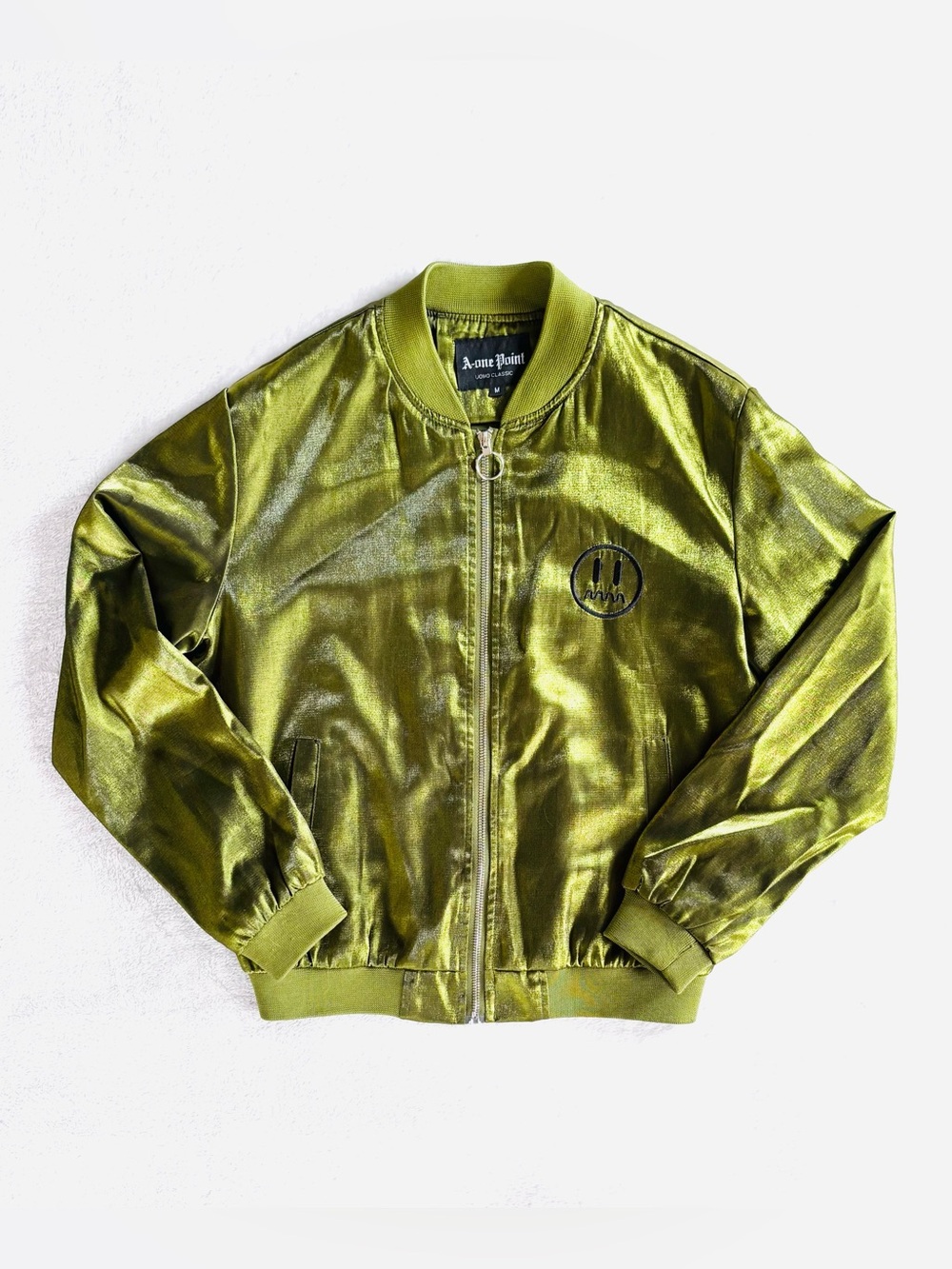 A-one Point Squiggle Face Bomber Jacket, Metallic Olive/Chartreuse Green, Size M